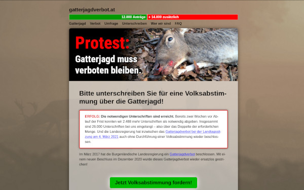 Screenshot der Webseite: gatterjagdverbot.at