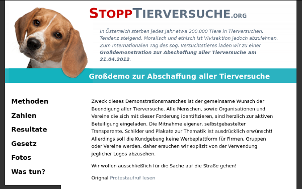 Screenshot der Webseite: stopptierversuche.org